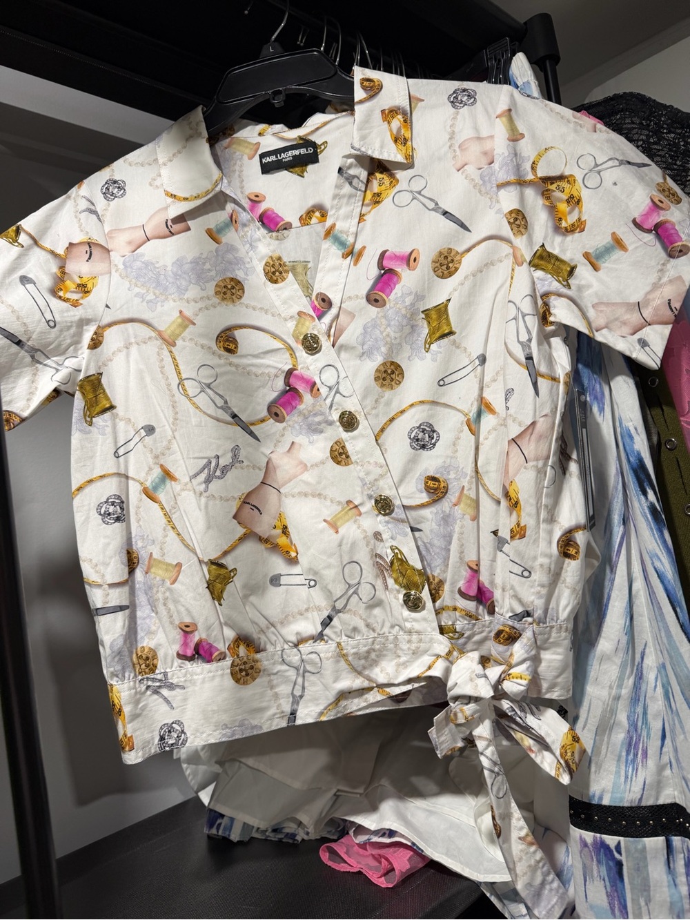 Karl Lagerfeld White Sewing Print Tie-Waist Blouse